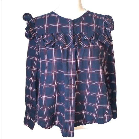 Madewell Blue Plaid Ruffle Button Down Blouse Size S - Picture 1 of 8